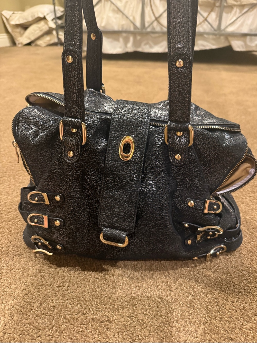 Jimmy Choo Black Leather Shoulder Bag with Gold Hardware